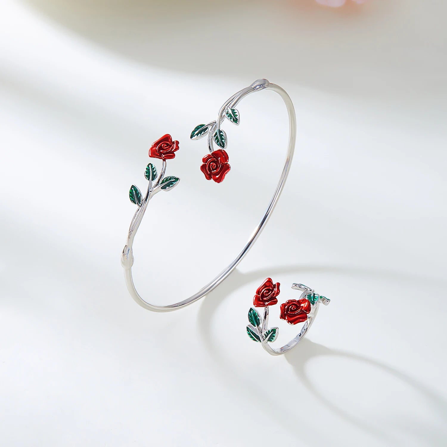 Retro Red Rose Flower Bracelet Ring Set For Women Vintage Drip Oil Open Adjustable Cuff Bangle Finger Ring Party Wedding Jewelry
