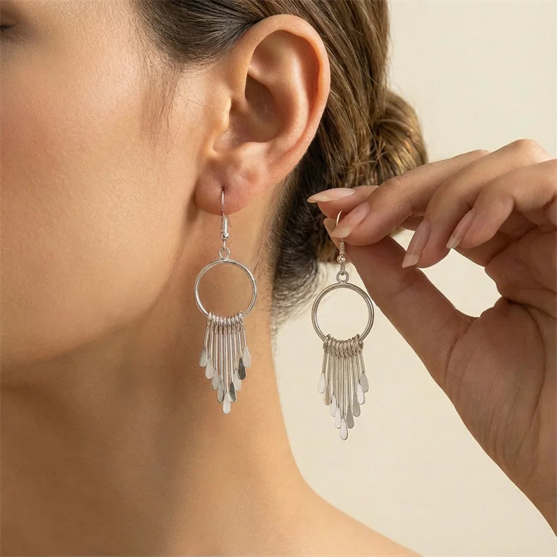 Luxury Gold Color Metal Tassel Dangle Earrings for Women Geometric Round Water Drop Long Fringe Drop Earring Bohemian Jewelry