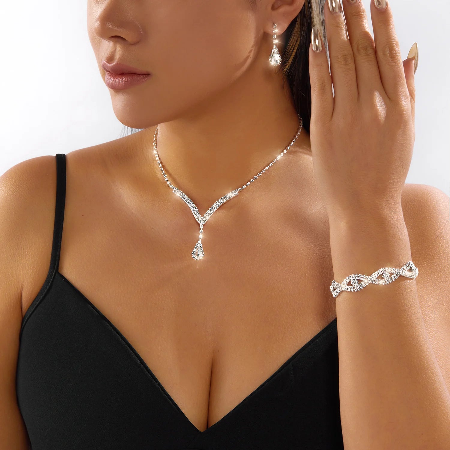 Shiny Rhinestone Crystal Jewelry Set For Women Silver Color Zircon Water Drop Necklace Earring Bracelet Bride Wedding Party Gift