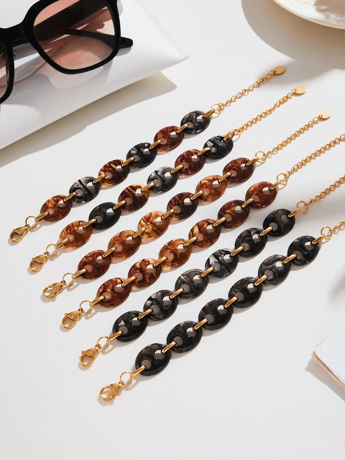 Nivora Amber Resin Pig Nose Ring Chain Bracelets Bangles for Women Stainless Steel Charm Vintage Pulsera Jewelry Gifts