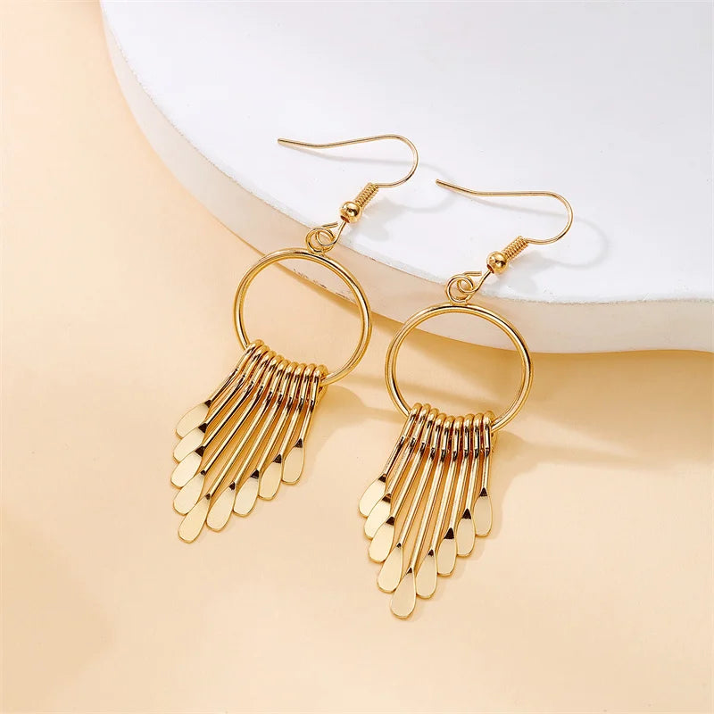 Luxury Gold Color Metal Tassel Dangle Earrings for Women Geometric Round Water Drop Long Fringe Drop Earring Bohemian Jewelry