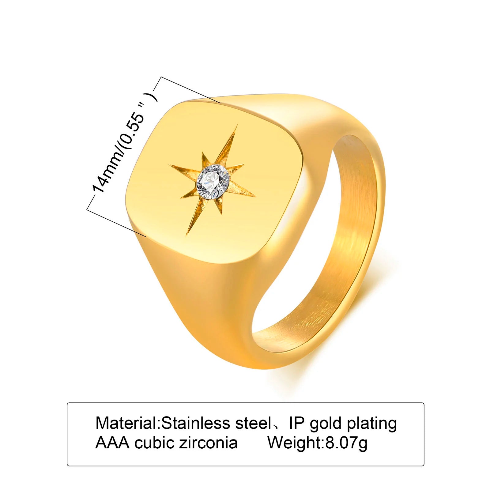 Stainless Steel Sunshine Signet Pinky Ring, Cubic Zirconia Inlay Ring Gold Plated, Non-Tarnish Fashion Jewelry