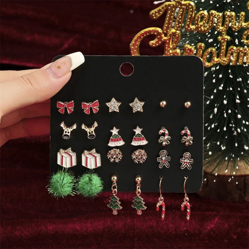 6-12 Pair Christmas Earrings For Women Xmas Tree Elk Snowman Santa Claus Snowflake Stud Earring Set New Year Party Jewelry Gift