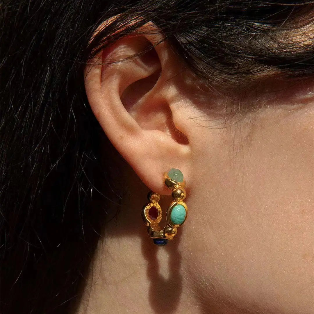 Uworld New Arrival Jewelry Stainless Steel Oval Green Colorful Lapis Stone CC Hoop Earring for Girls