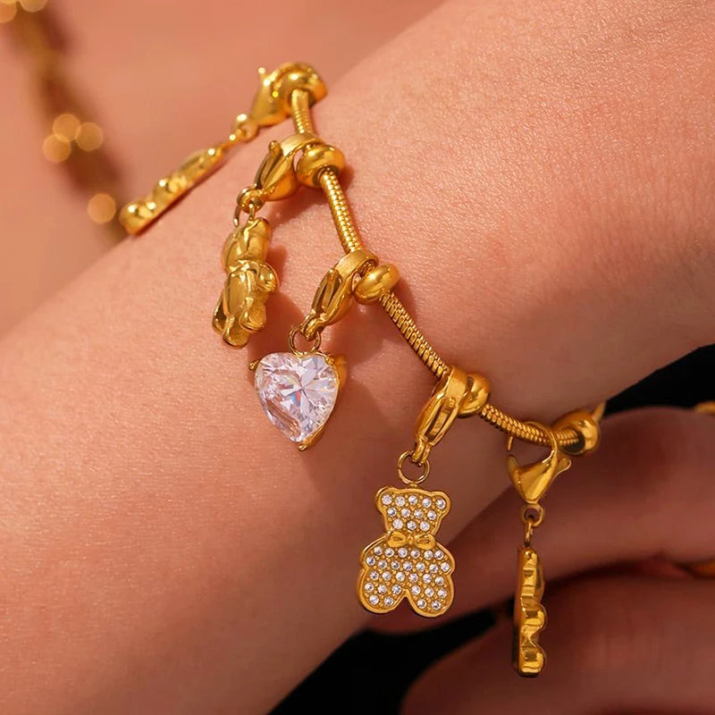 Nivora Cute Little Bear Pendant Heart Zircon Stainless Steel Snake Chian Bracelets For Women Gold Plated Charm Bracelet Jewelry