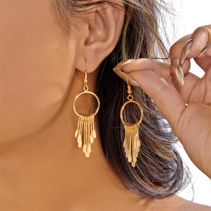 Luxury Gold Color Metal Tassel Dangle Earrings for Women Geometric Round Water Drop Long Fringe Drop Earring Bohemian Jewelry