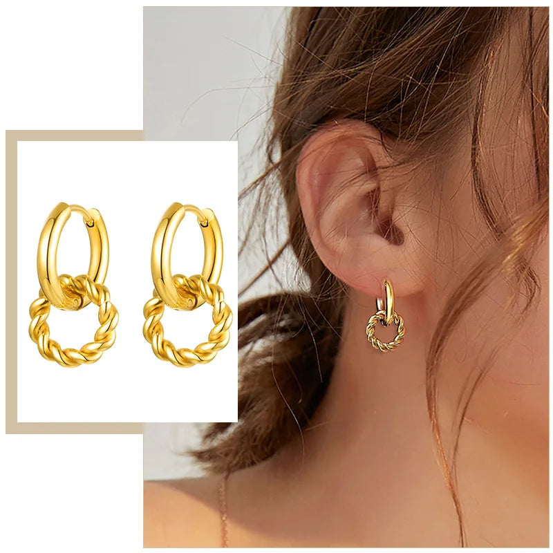 Minimalist Women Hoop Earrings, Gold Color Stainless Steel Twisted Circle Drop Ear Jewelry, Dainty Boho 2022 New Girls Accessory