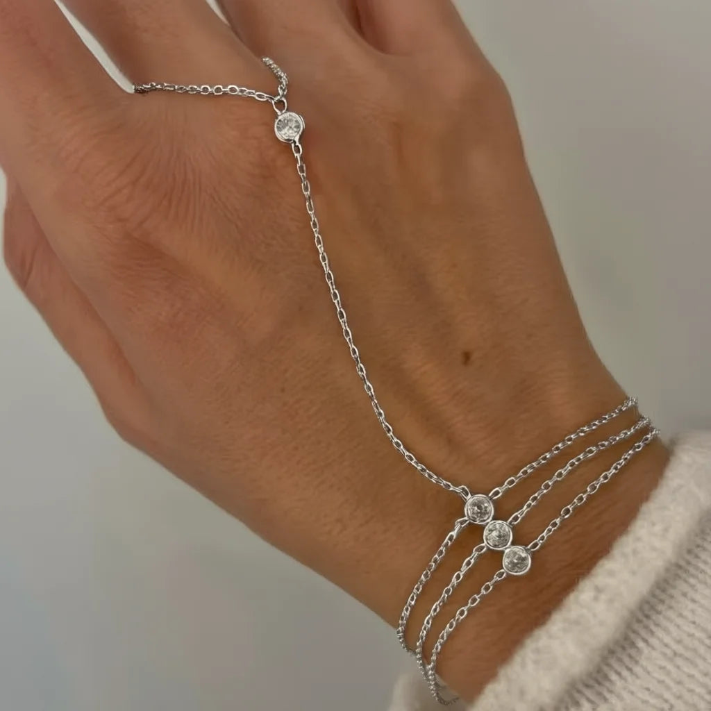 Stainless Steel Multilayer Zircon Connected Finger Ring Bracelets for Women Handmade Thin Link Chain Bracelet Party Jewelry Gift