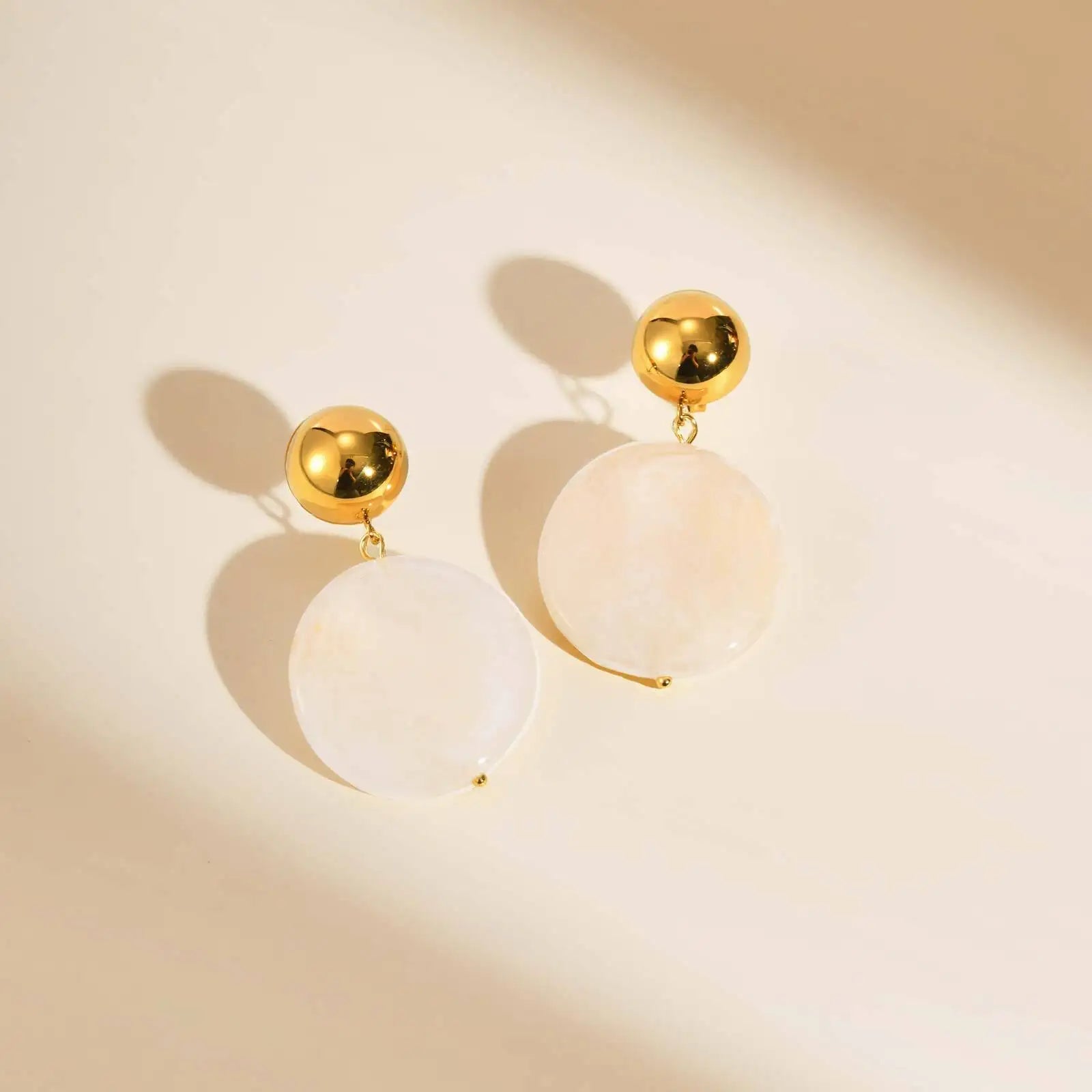 Minimalist Two-tone Geometric Drop Earrings: Gold Plated Half Pearl & Milky Resin Circle Dangle Earring for Women
