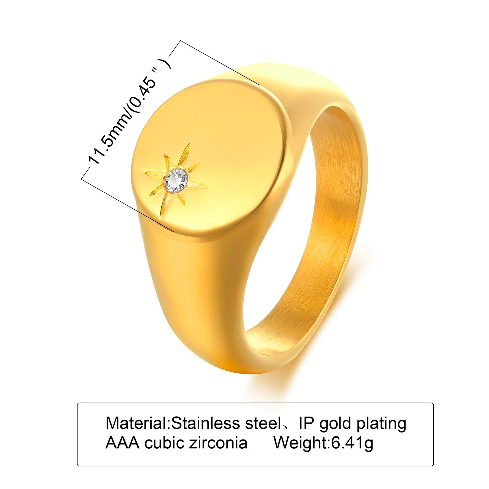 Stainless Steel Sunshine Signet Pinky Ring, Cubic Zirconia Inlay Ring Gold Plated, Non-Tarnish Fashion Jewelry