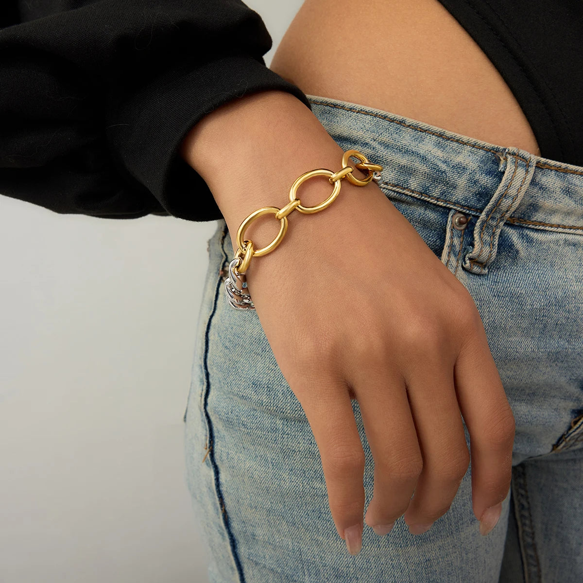 Uworld Minimalist 9MM Two Tone Splicing Chain Bracelet Stackable Chain Bracelet Women's Jewelry Gift for Her