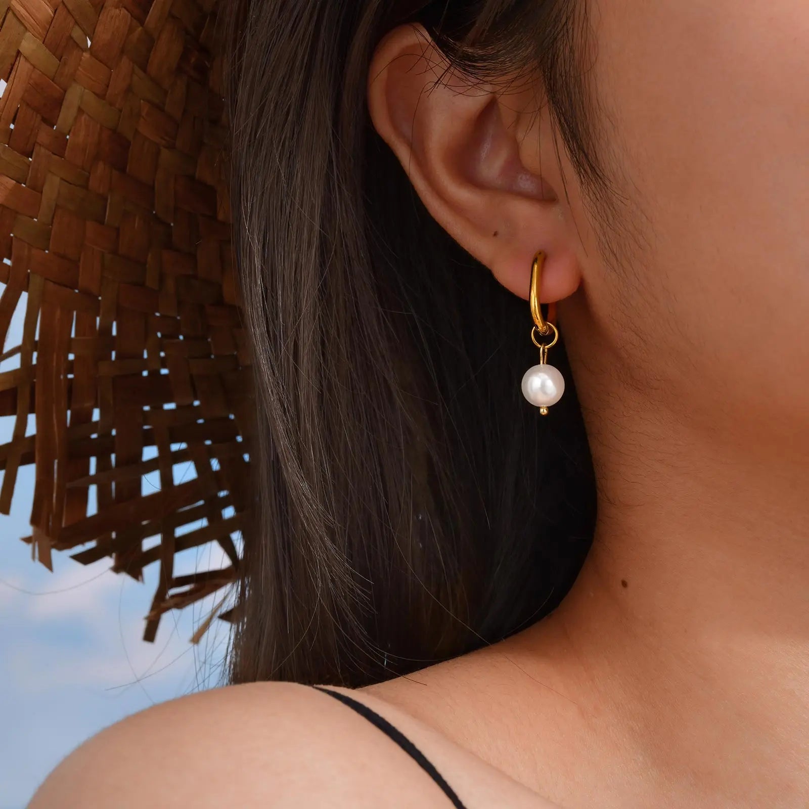 Elegant Imitation Pearl Pendant Earrings for Women,Gold Color Oval Hoop Earrings,Stainless Steel Jewelry Gift