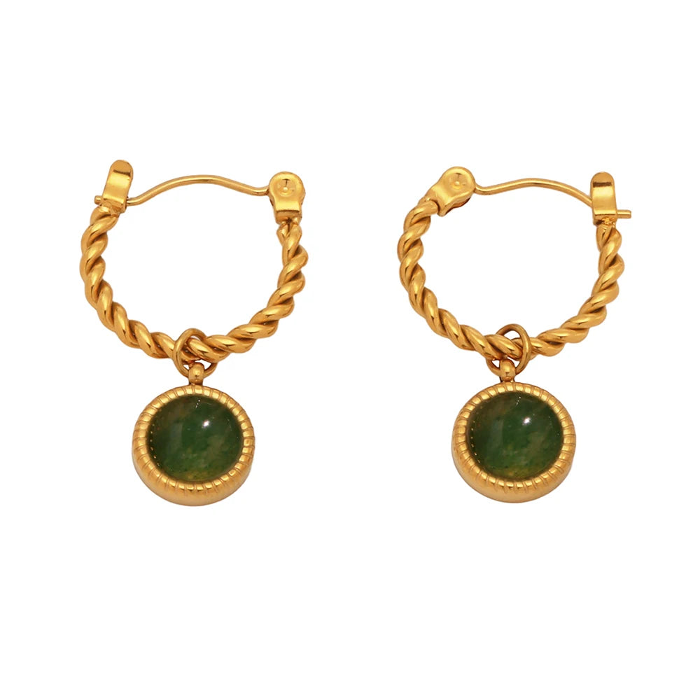 Nivora Stainless Steel Twisted Dangle Earrings For Women Chinese Style Green Agate Hoop Earrings Lady Fashion Basic Jewelry