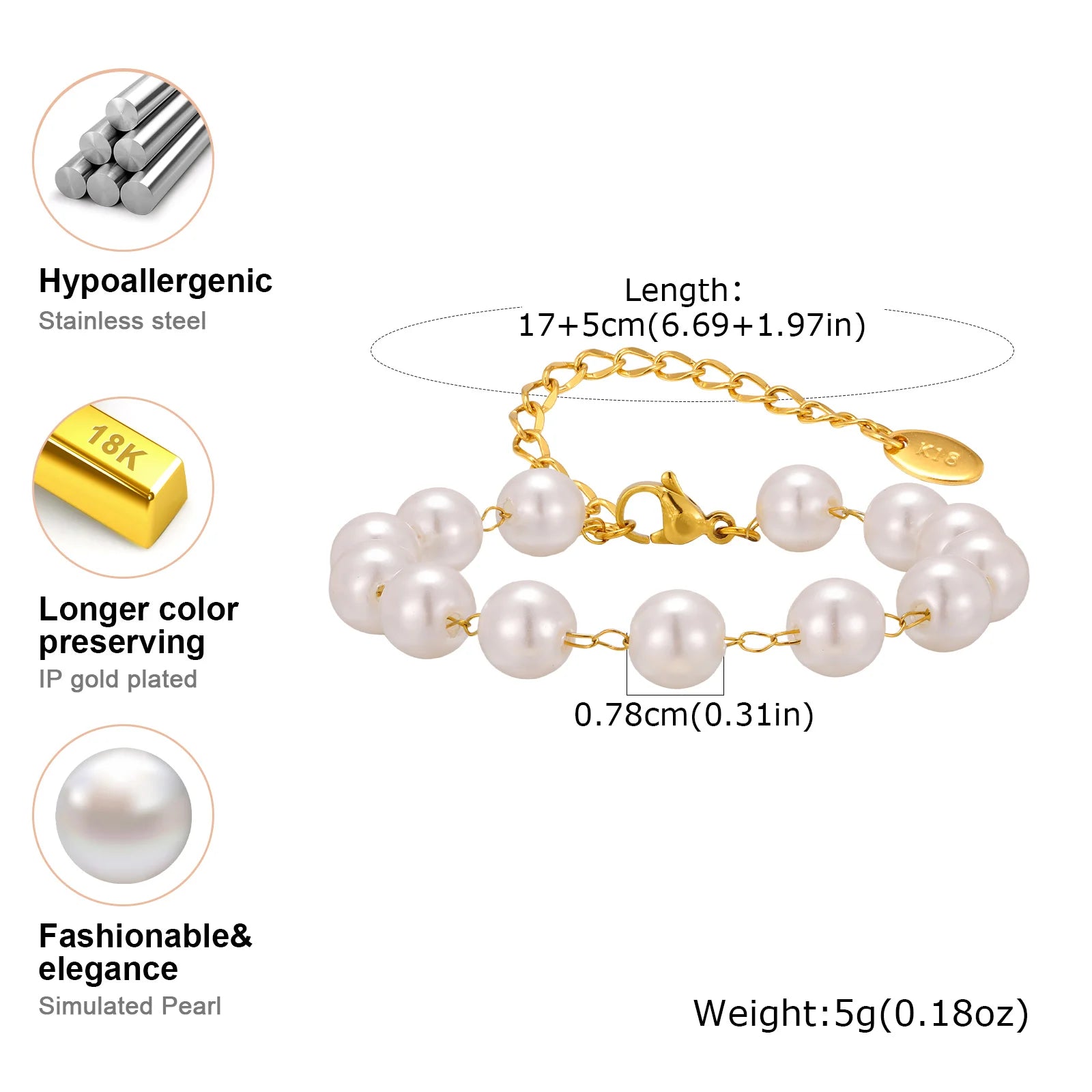 Elegant Imitation Pearl Bracelet for Women,Stainless Steel Waterproof  Beaded Chain Bracelets,Daily New Fashion Jewelry Gift