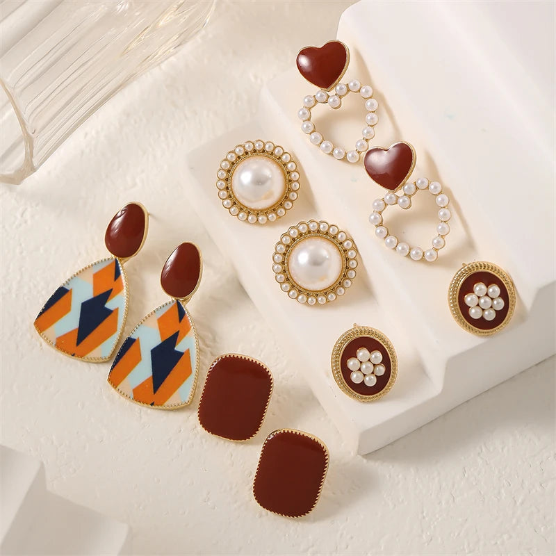4/5 Pair Vintage Enamel Wine Red Metal Stud Earring Set For Women Fashion Pearl Flower Heart Geometric Square Earrings Jewelry