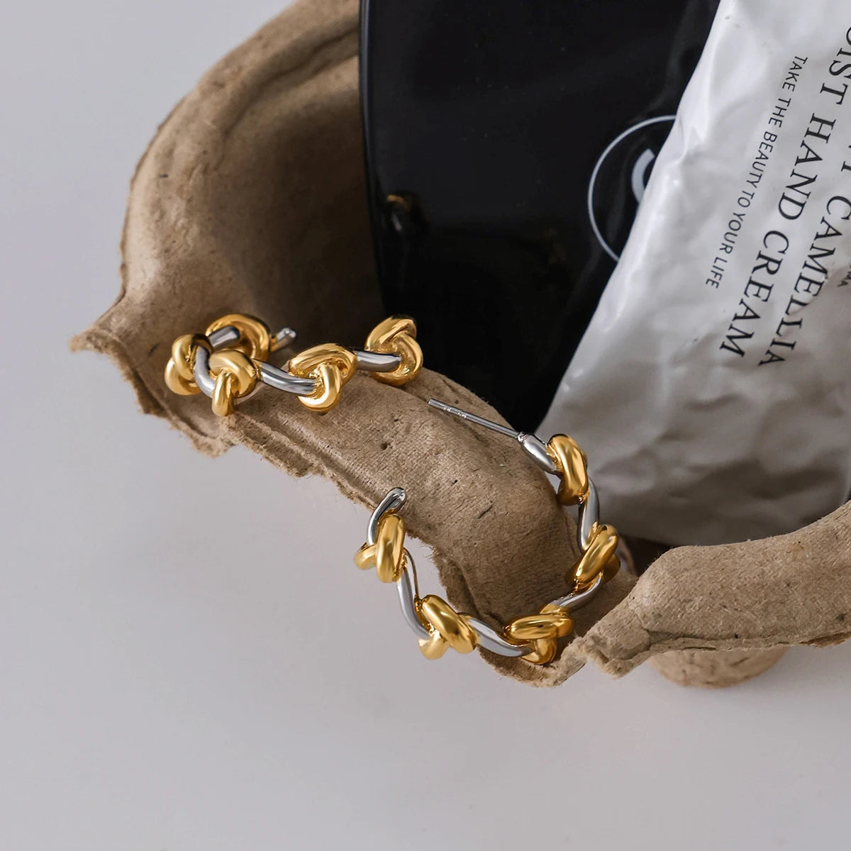 Uworld Personalized Designer Classic 18K Gold Color Plated Stainless Steel Double Tone Knot C-ring Earrings For Women's Jewelry