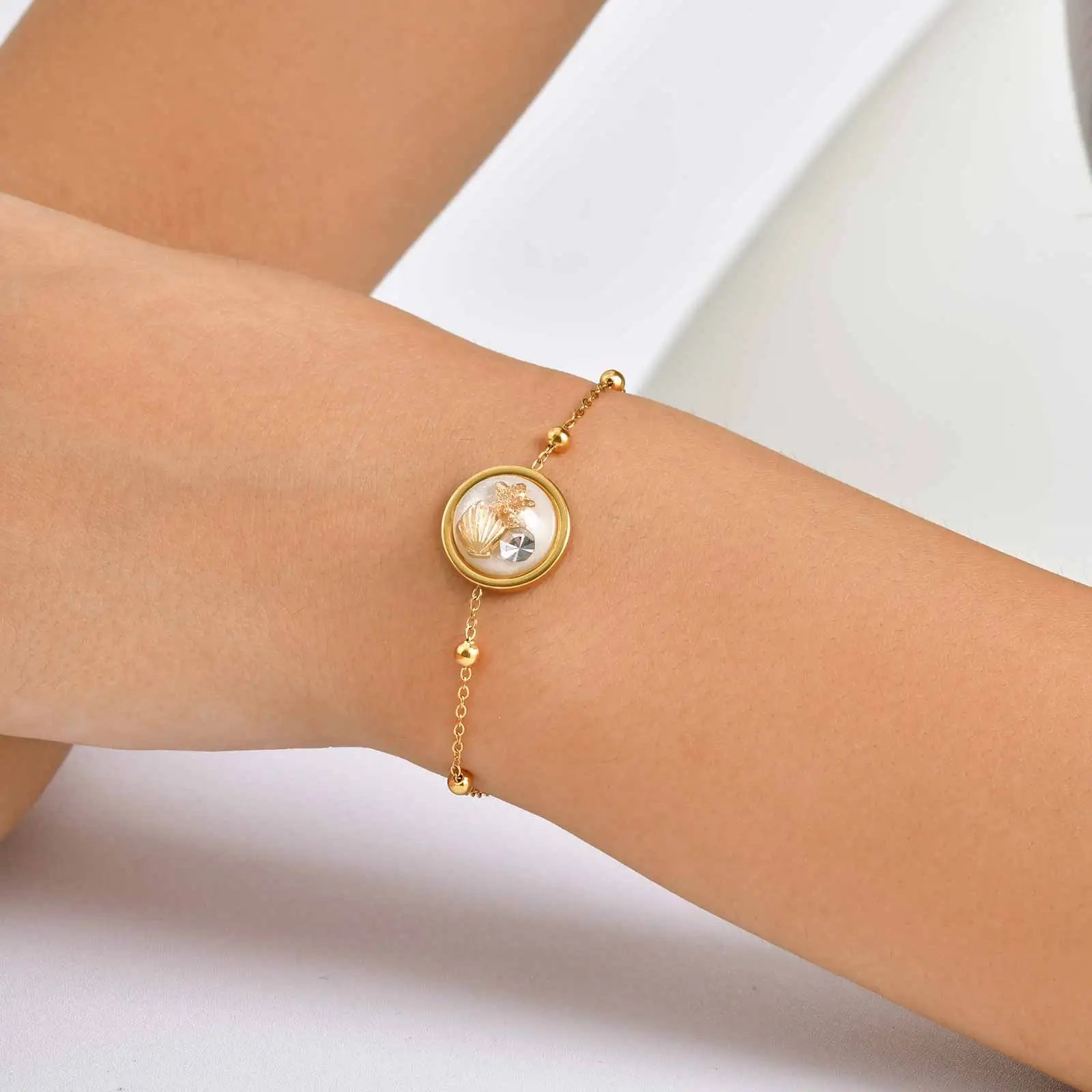 Elegant Zircon Shell Bracelet for Women Girls,Stainless Steel Bead Chain Bracelets,Set Charm Jewelry Party Gift