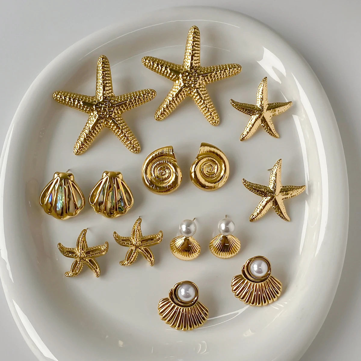 Uworld Ocean Vacation Style 18K Gold Color Plated Stainless Steel Waterproof Starfish Shell Ear Studs Pearl Conch Earrings Women