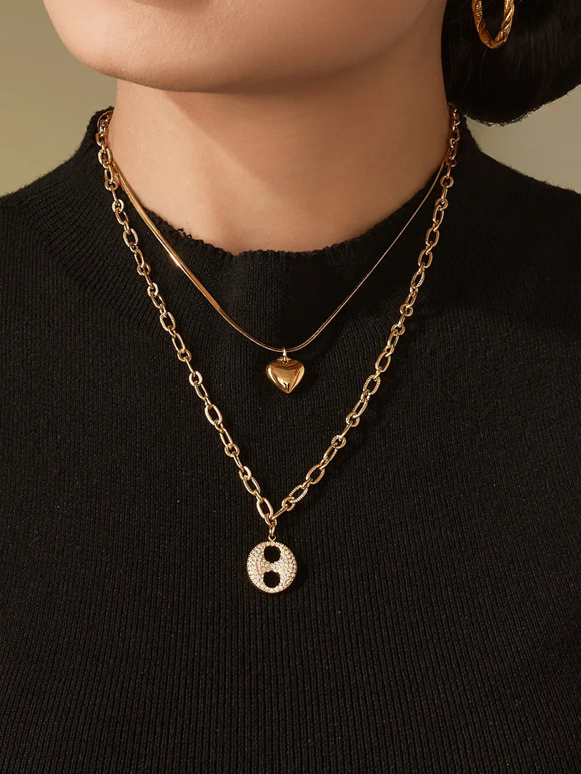 Nivora Cubic Zirconia Pig Nose Ring Women Necklaces Stainless Steel Heart Double Chain PVD Gold Plated Collar Choker Jewelry