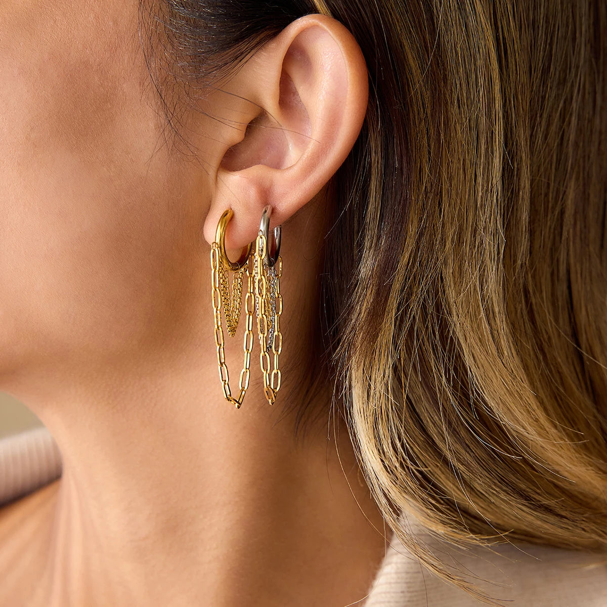 Uworld Minimalist Two tone Chain Tassel Earrings 18K PVD Stainless Steel Earrings Women's Jewelry Daily Wear