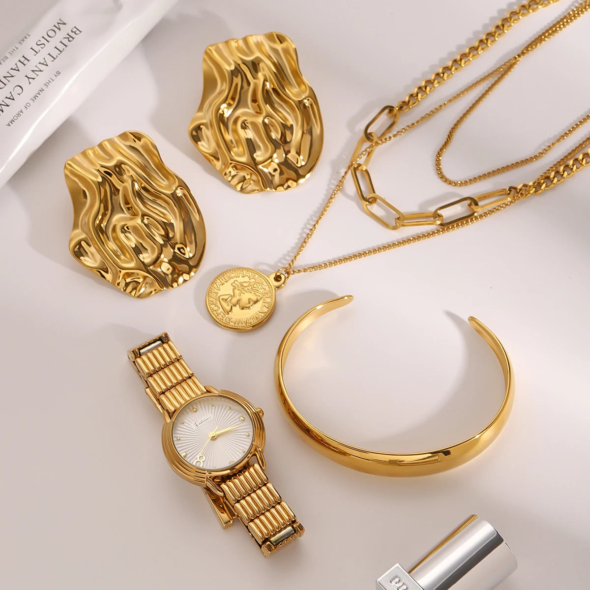 Uworld Fashion Stacked Necklace Watch Wrinkled Earrings Adjustable Bracelet Women's Jewelry Gift for Her