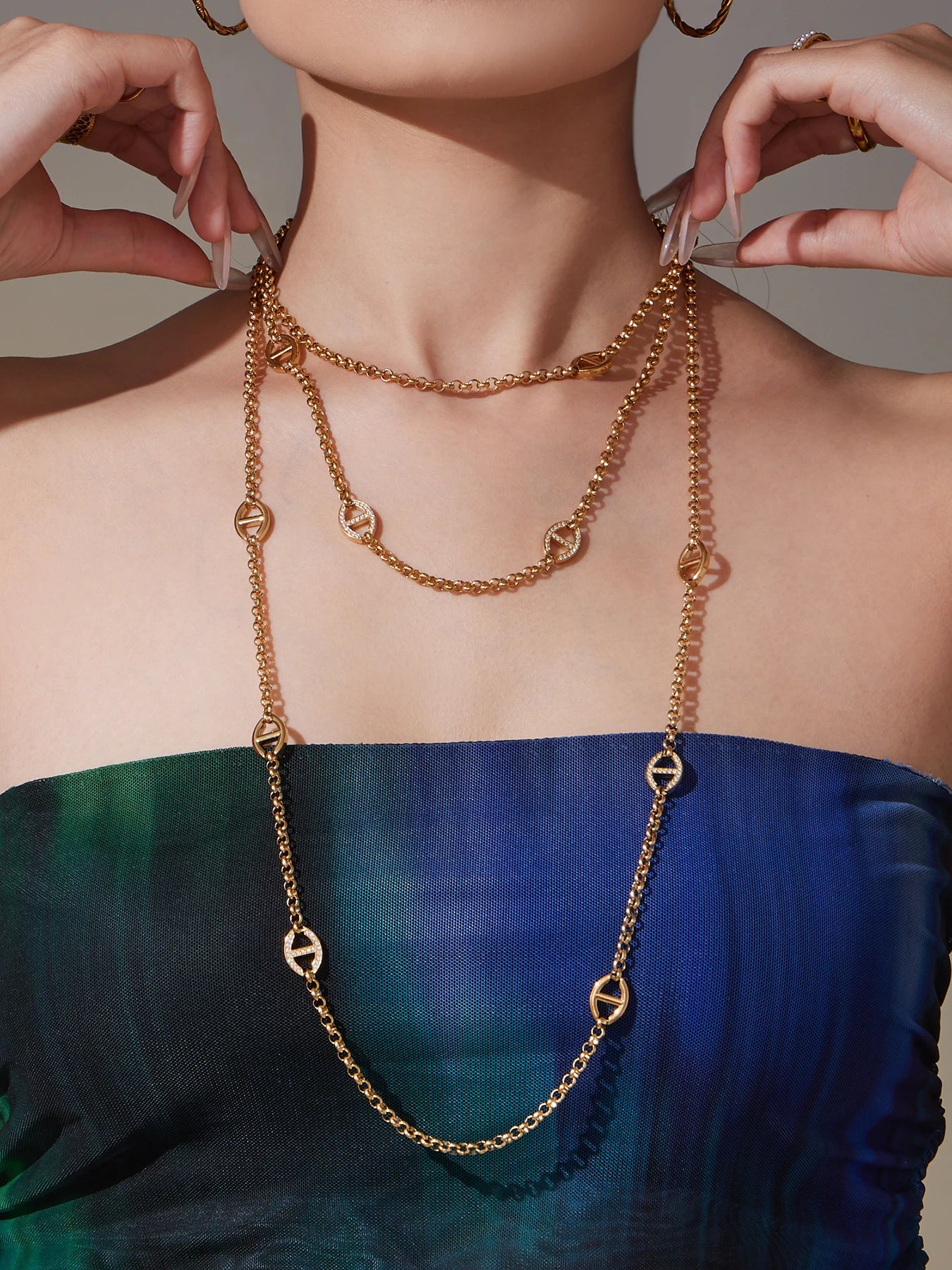 Nivora Exquisite Cubic Zirconia Pig Nose Ring Long Chain Necklacs For Women Stainless Steel Collar Party Banquet Female Jewelry