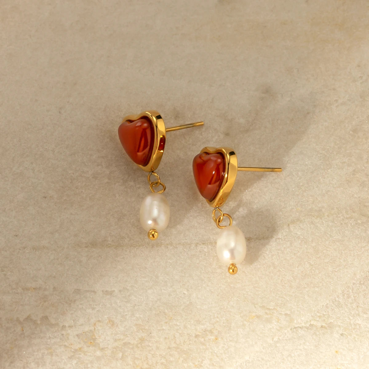 Uworld Carnelian Inlaid Love Natural Pearl Earrings Ring Stainless Steel Gold Color Trendy Fashion Jewelry Valentine's Day gift