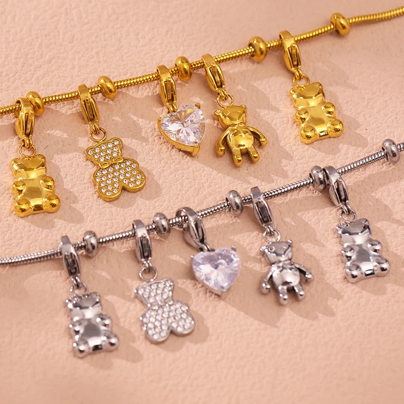 Nivora Cute Little Bear Pendant Heart Zircon Stainless Steel Snake Chian Bracelets For Women Gold Plated Charm Bracelet Jewelry