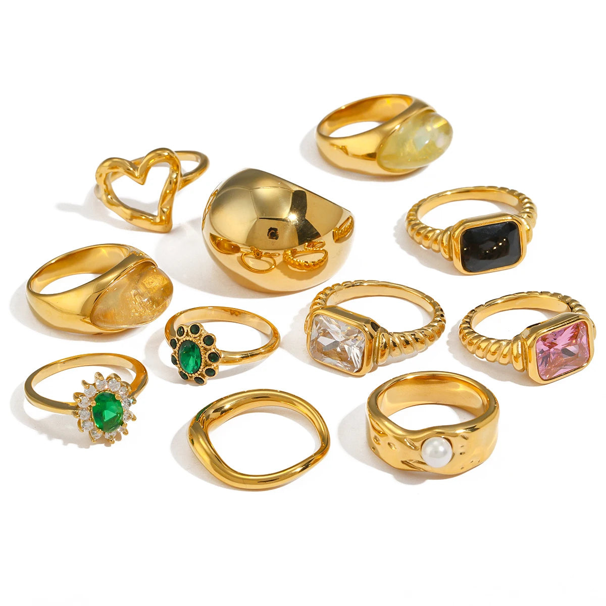 Uworld 18K Gold PVD Plated 316L Stainless Steel Rings Finger Chunky Wedding statement Jewelry Shell Freshwater Pearl Zircon Ring