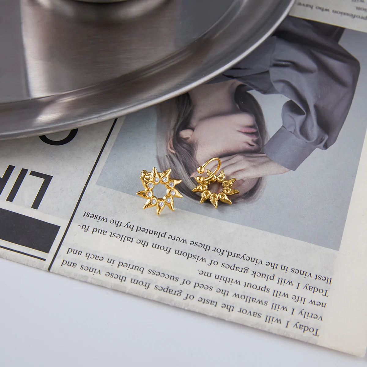 Uworld Classic Minimalist 18K Gold Color Plated Inlay White Rhinestone Sun Shape Ear Clip Hypoallergenic Stainless Steel Jewelry