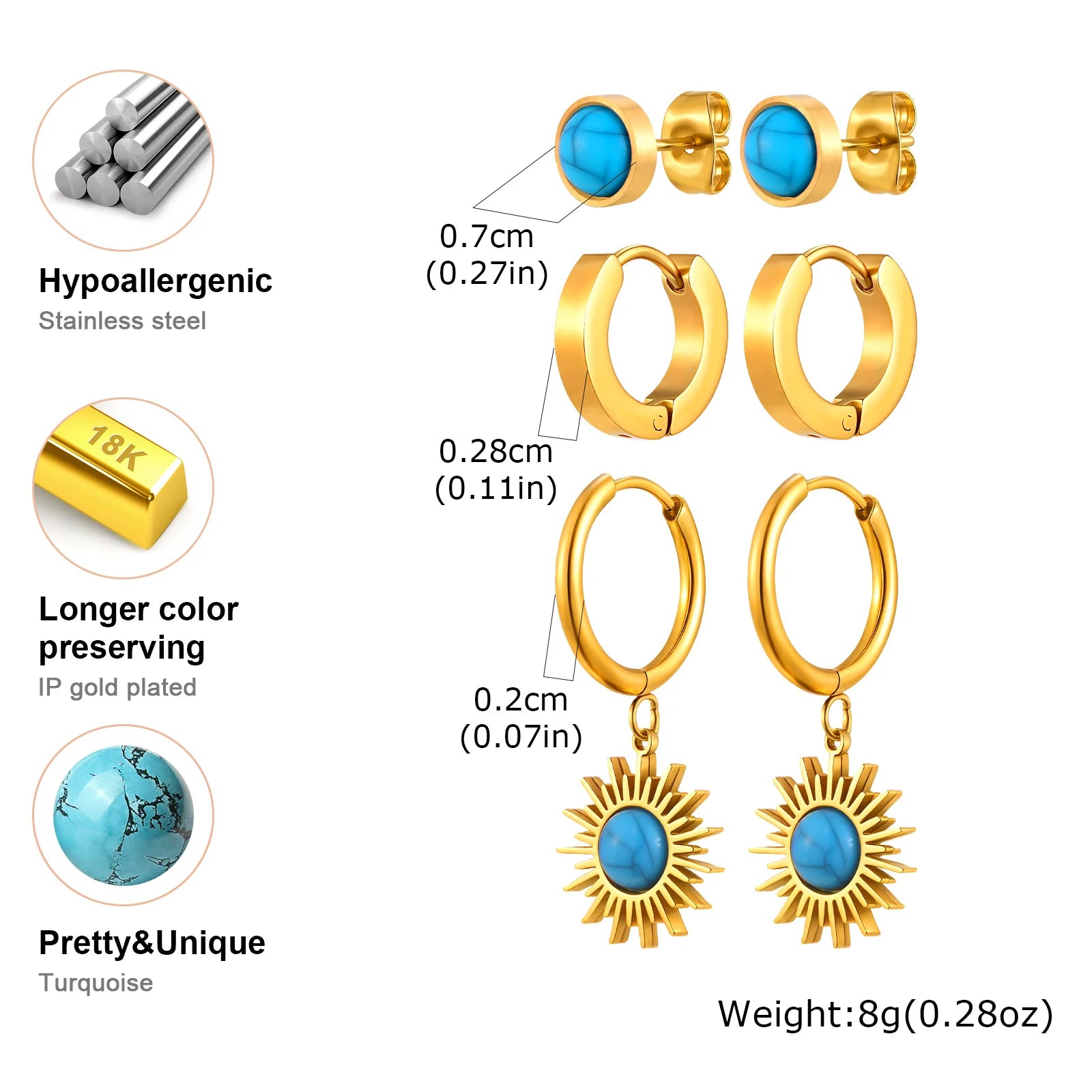 3 Pairs Turquoise Stud Earrings for Women,Gold Plated Natural Stone Stainless Steel Earrings,Trendy Set Geometric Jewelry Gifts