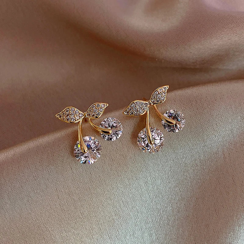 Korean Fashion Crystal Cherry Stud Earrings For Women Exquisite Zircon Leaves Rhinestone Earring Wedding Birthday Jewelry Gifts