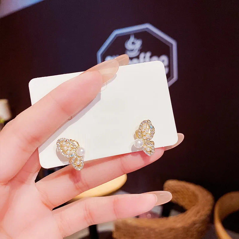 Korean Fashion Flower Butterfly Stud Earrings For Women AAA Zircon Exquisite Leaves Pearl Crystal Earring Party Wedding Jewelry