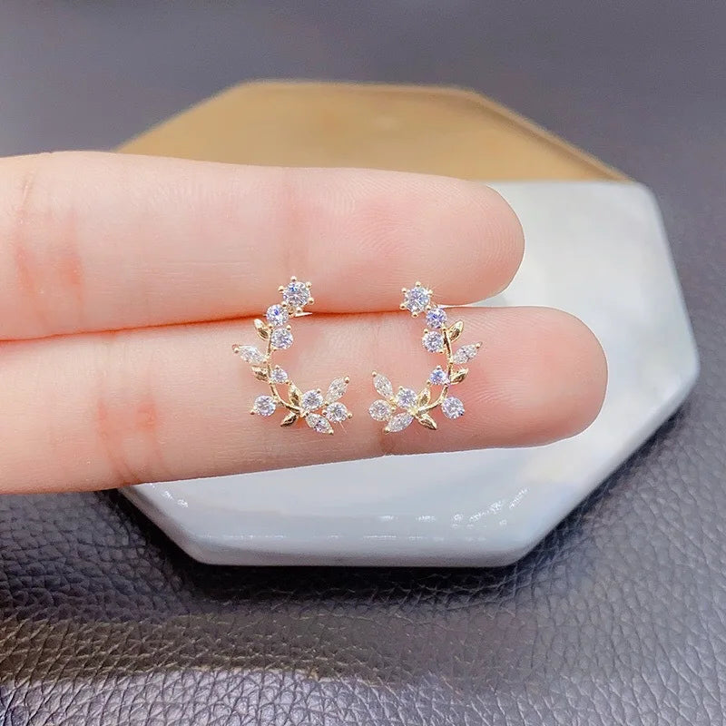 Korean Fashion Crystal Cherry Stud Earrings For Women Exquisite Zircon Leaves Rhinestone Earring Wedding Birthday Jewelry Gifts